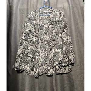 Notations Paisley‎ Print Open Front 3/4 Sleeve Blouse Top Black White Size XXL